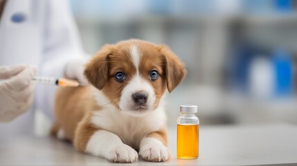 Cute puppy receiving vaccination from veterinarian in a clinic, symbolizing pet healthcare, animal care, veterinary treatment, and preventive medicine for dogs