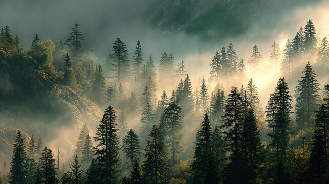 Misty forest with sun rays filtering through the trees, creating a mystical and serene atmosphere in the mountains