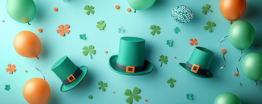 St. Patricks Day paper banner with hats, shamrocks, and balloons, capturing the festive spirit of this holiday celebration, Generative AI