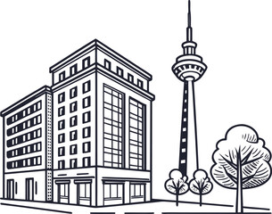 Stylized Berlin Cityscape Vector Illustration Featuring Tower Building and Trees Minimalist Urban Design