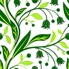 Green foliage and floral repeating vector pattern
