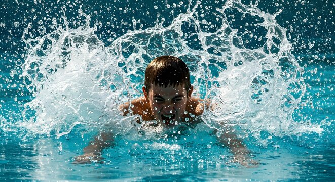 Boy Swimming Freestyle in Pool with Splashing Water, Summer Activity, Outdoor Fun
