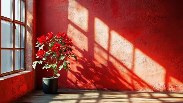 Bright red interior with a potted plant casting shadows on the wall, creating a warm ambiance