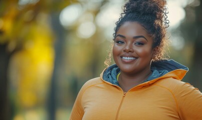 Happy, candid young Black African American plus-size female running and jogging outdoors in nature, reflecting  positivity and the joy of outdoor exercise, Generative AI