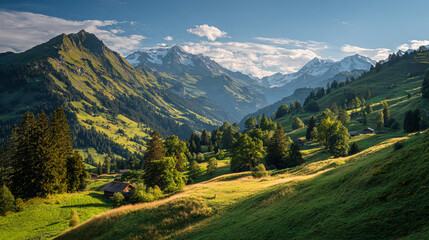 Fototapeta premium Sunlight illuminates a lush green valley in the swiss alps, with majestic snowcapped mountains in the background