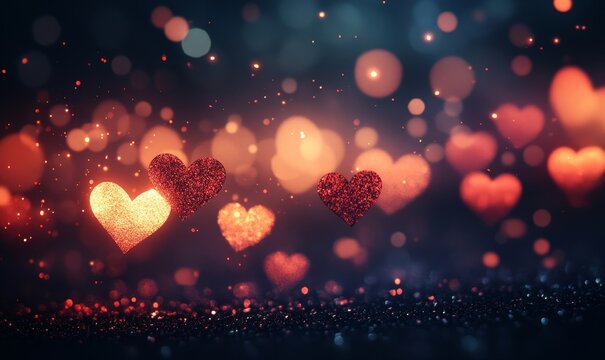 Abstract dark gradient background featuring heart-shaped bokeh effects, symbolizing love, warmth, and emotional connection in a visually soothing composition, Generative AI