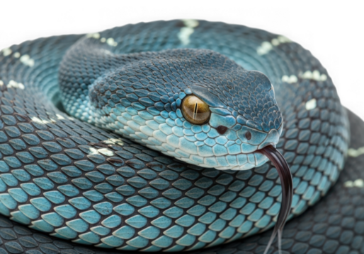 Close up of a coiled blue pit viper with its tongue out isolated on transparent background