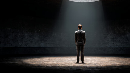 Obraz premium Man standing alone in dark room illuminated by single spotlight, creating dramatic and contemplative atmosphere