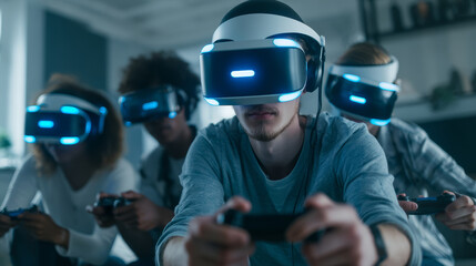 Virtual reality headset group young adult gaming technology indoors casual clothing focused entertainment friends leisure modern digital immersive