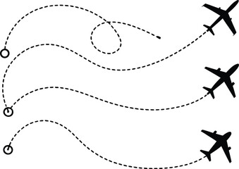 Three Airplanes Flying Different Paths with Dotted Lines Connecting Starts and Ends Isolated on White Background