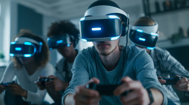 Virtual reality headset group young adult gaming technology indoors casual clothing focused entertainment friends leisure modern digital immersive