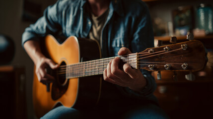 Fototapeta premium Acoustic guitar player strumming wooden instrument with focused hand in cozy indoor setting creating warm and intimate atmosphere