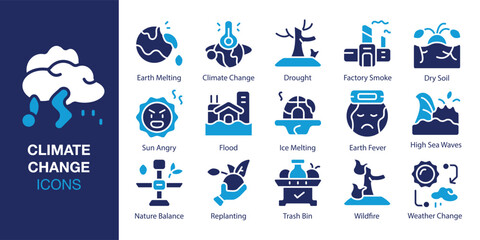 Climate Change icon set. Containing Earth Melting, Climate Change, Drought, Factory Smoke, Dry Soil, and Sun Angry and more. Solid vector icons collection. Vector illustration. © Vactory_Icons