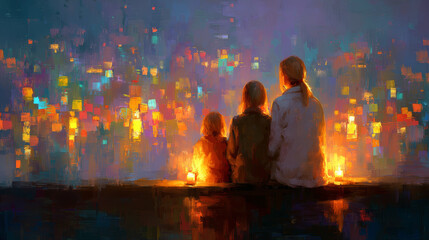 Warm and colorful digital painting of three people sitting together by candlelight, enjoying peaceful and glowing night scene