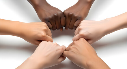 Symbolic display of unity and cooperation, featuring diverse hands joined together in a collective gesture, emphasizing diversity, teamwork, and inclusion.