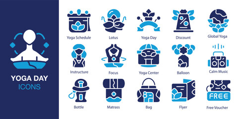 Yoga Day icon set. Containing Yoga Schedule, Lotus, Yoga Day, Calm Music, Focus, and Flyer and more. Solid vector icons collection. Vector illustration.