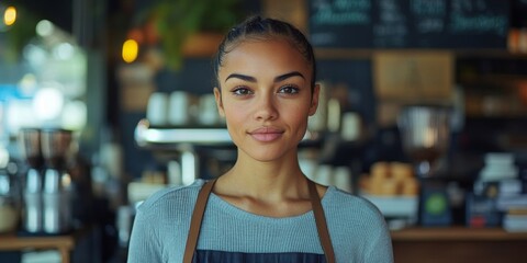 Young mixed-race female barista working in a caf, supporting small businesses through the challenges of the cost of living and inflation crisis, Generative AI
