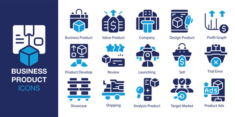 Business Product icon set. Containing Business Product, Value Product, Company, Design Product, Profit Graph, Product Develop and more. Solid vector icons collection. Vector illustration.