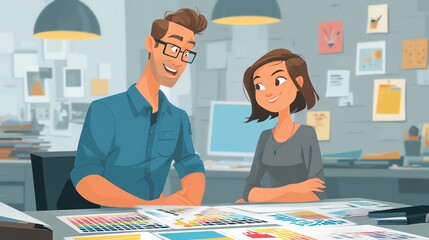 A happy man and woman collaborate on a design project, reviewing color swatches and design layouts at their office desk.