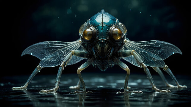 Futuristic biomechanical insectoid concept art, a cyborg fly with metallic details and reflective wings.
