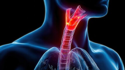 3D rendered medical image showing inflamed larynx and upper trachea in the human neck, useful for ENT and respiratory studies.
