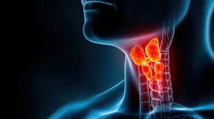 3D medical rendering of thyroid nodules in the neck area, used for visualizing thyroid gland abnormalities and endocrine disorders.
