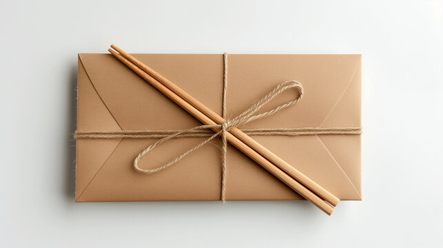 Gift box wrapped in kraft paper with tied string and chopsticks