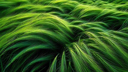Flowing green silky fibers creating a dynamic and vibrant abstract background. A soft, wavy, and organic texture concept.