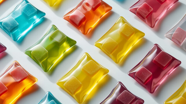 Colorful laundry detergent pods arranged in rows