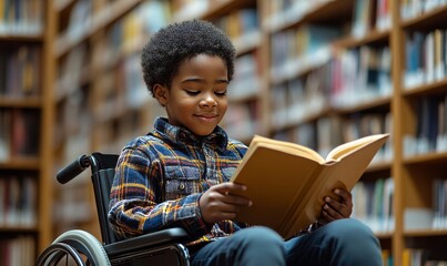 Happy young disabled Black school student in a wheelchair socializing with school friends. African American child with disability learning in the classroom, Generative AI