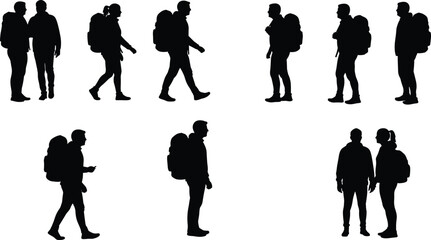 Silhouette of hikers walking, standing, interacting with backpacks, black vector illustration of travelers in motion and stillness, perfect for outdoor, travel, trekking, and adventure design