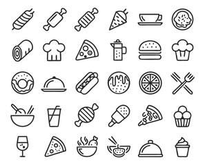 Collection of stylized line art symbols representing dining and culinary experiences isolated on transparent background