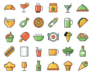 Comprehensive collection of restaurant and food related line art symbols for culinary businesses and dining establishments isolated on transparent background