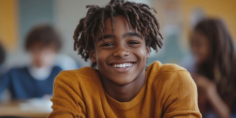 Happy young disabled Black school student in a wheelchair socializing with school friends. African American child with disability learning in the classroom, Generative AI