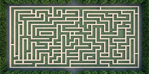 Aerial view of a complex green hedge maze with a clear path