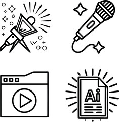 Vector icons set for entertainment and creativity with microphone movie and design file symbols in black and white