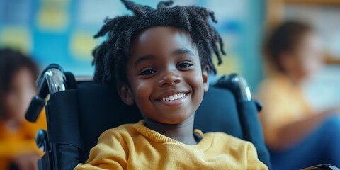 Happy young disabled Black school student in a wheelchair socializing with school friends. African American child with disability learning in the classroom, Generative AI