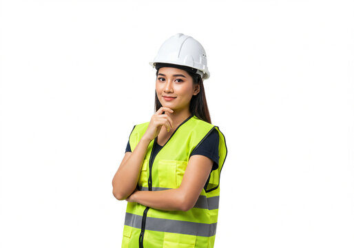 Young Asian woman in a safety vest and hard hat poses with a thoughtful expression, hand on chin.
