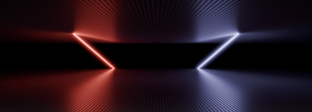 Neon Light Triangles Futuristic Sci-Fi Tunnel Abstract Background Red Blue Glow Reflections. 3D Rendering