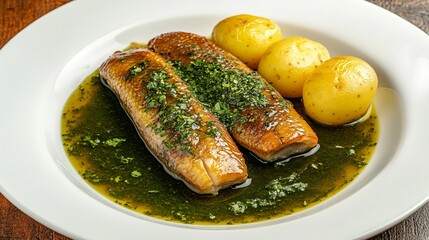 Eel in green herb sauce served with boiled potatoes or bread on a white plate, traditional Flemish presentation.