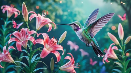 Vibrant hummingbird drinks nectar from delicate pink lilies in a magical garden setting