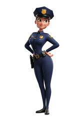 Confident female cartoon police officer stands at attention, hands on hips, in a full-body pose against a white background.