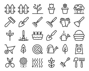 Obraz premium A collection of clean line art web icons representing various gardening activities and tools isolated on transparent background