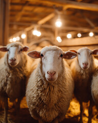 Fototapeta premium Sheep in a Barn Warm Interior Lighting