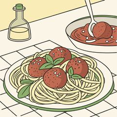Spaghetti with meatballs and basil on a plate with oil bottle