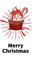 A festive christmas cupcake decorated with red icing sprinkles and a candy cane surrounded by red rays with merry christmas text below