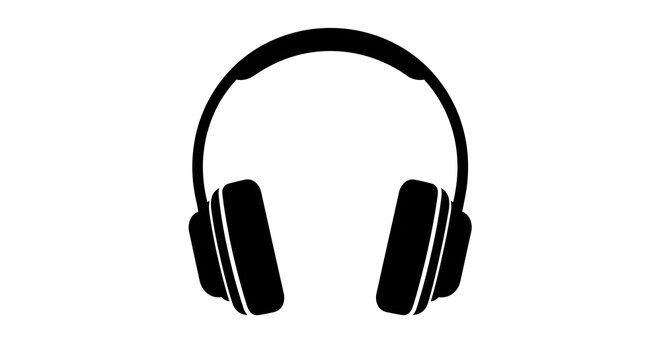 Classic headphone silhouette icon. A simple black and white vector graphic representing audio equipment, music listening, and digital sound technology.