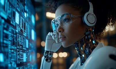 AI cyber security risk concept. Female IT computer specialist analyzing artificial intelligence cyber threats to consumer data and privacy leaks. African American software developer, Generative AI
