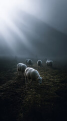 Fototapeta premium Sheep in Misty Landscape Dramatic Light Depth of Field