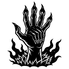 A spooky zombie hand rising from the grave surrounded by flames isolated on white background